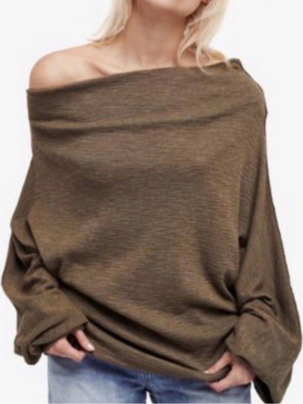 We The Free Off-the-Shoulder Relaxed Brown Olive Sweater size S.